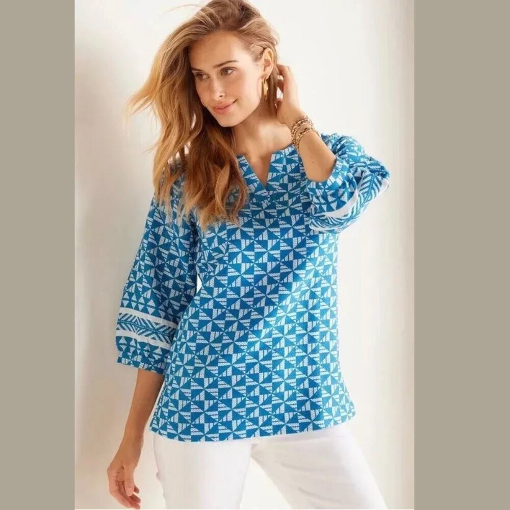 SOFT SURROUNDINGS Blue Geometric Print Tunic Sz Medium Narah Top Cotton Blend